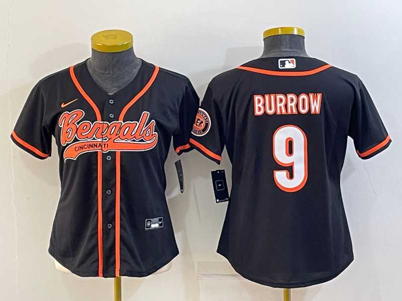 Womens Cincinnati Bengals #9 Joe Burrow Black With Patch Cool Base Stitched Baseball Jersey